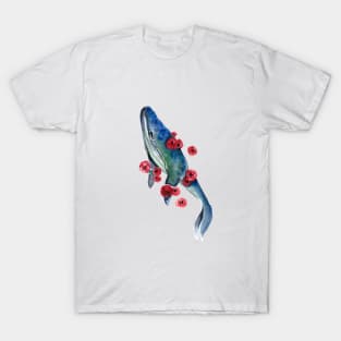 Watercolor whale and red flowers T-Shirt